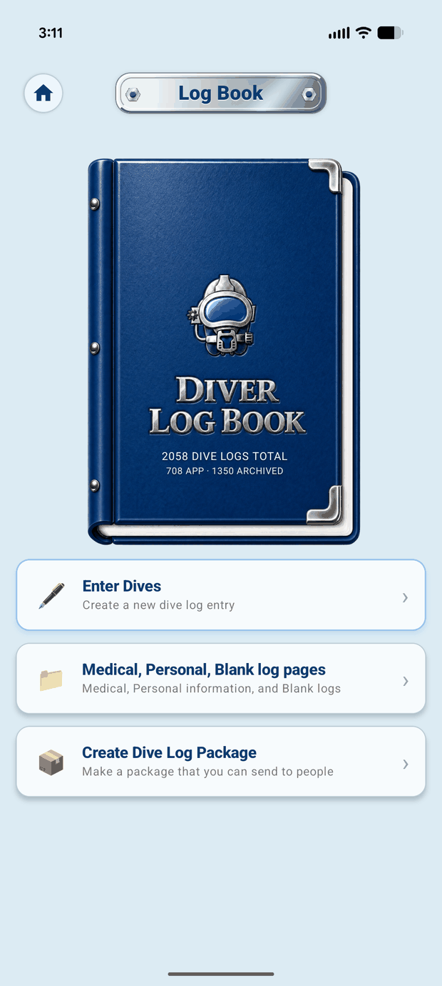 The HagaLog logbook home screen: a bound diver log book showing total dive counts, above entry points for logging dives, opening medical and personal pages, and building a dive log package.