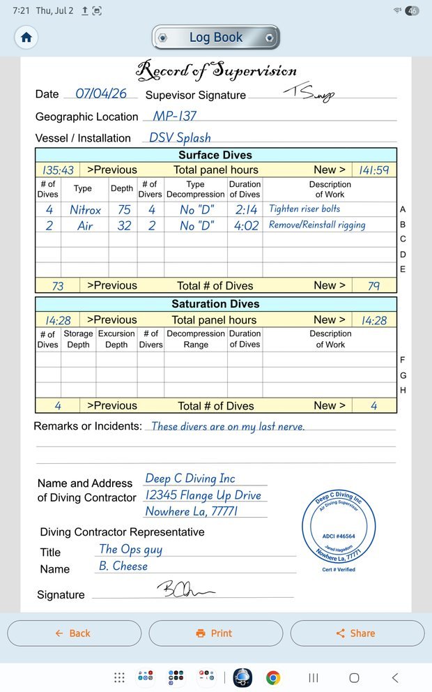 A completed Record of Supervision in HagaLog: dive tables filled in, running panel-hour and dive-count totals, a handwritten supervisor signature, and a registered diving contractor stamp.